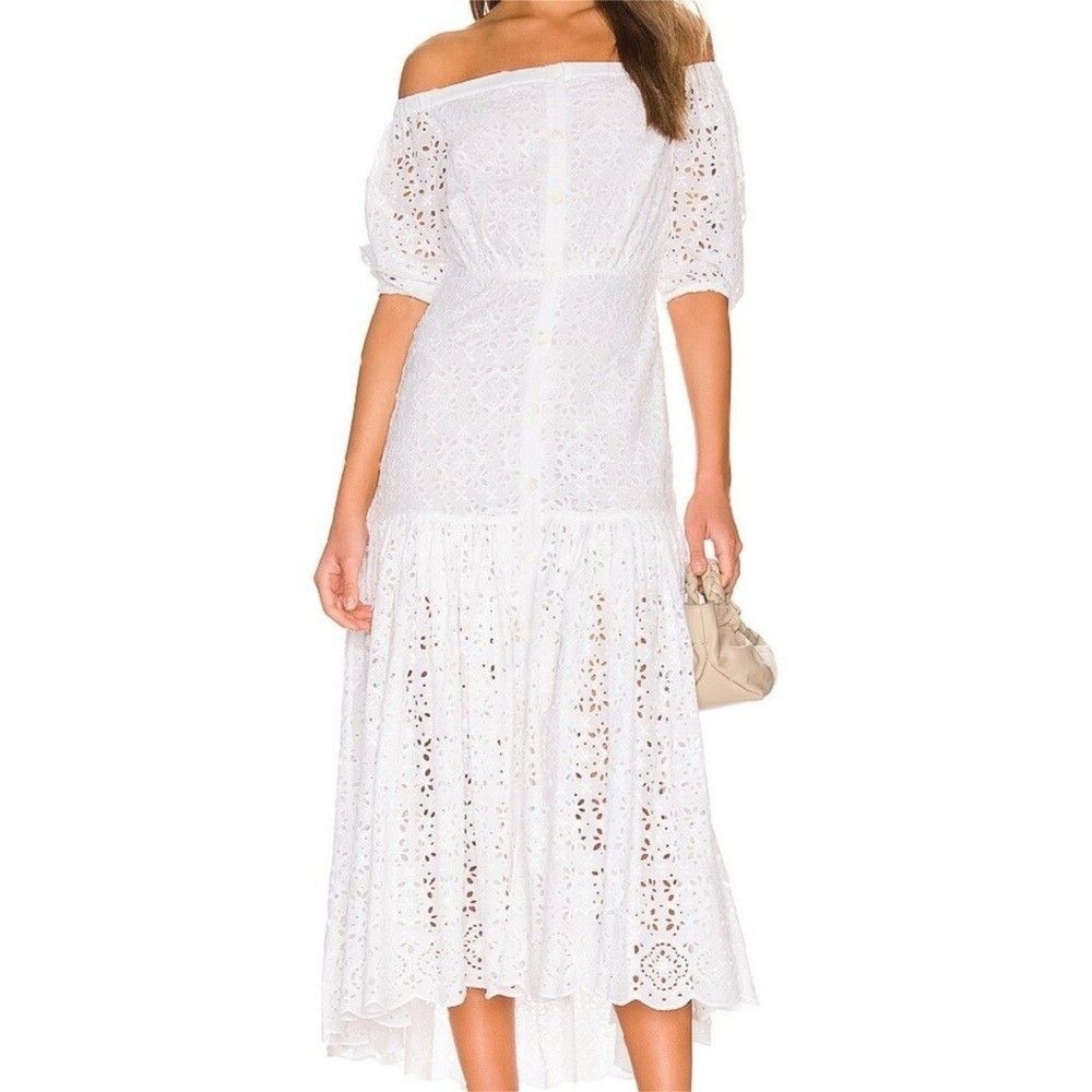 Veronica Beard NWT White Cali Eyelet Off Shoulder Tiered Button Midi Dress 10